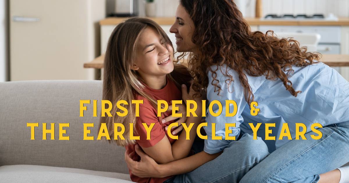 mother cuddling pre teen girl for first period resource page on Eltee Sydney website for parents guiding tween and teen girls through puberty.